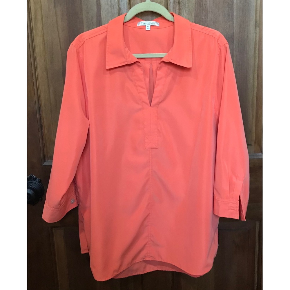 TravelSmith Womens XL Coral Orange 3/4 Sleeve V-Neck Popover Tunic Blouse Top